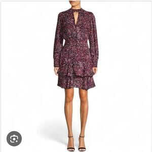 Parker Womens 100% Silk Scatter Print Mock Neck Cutout Tiered Dress Medium